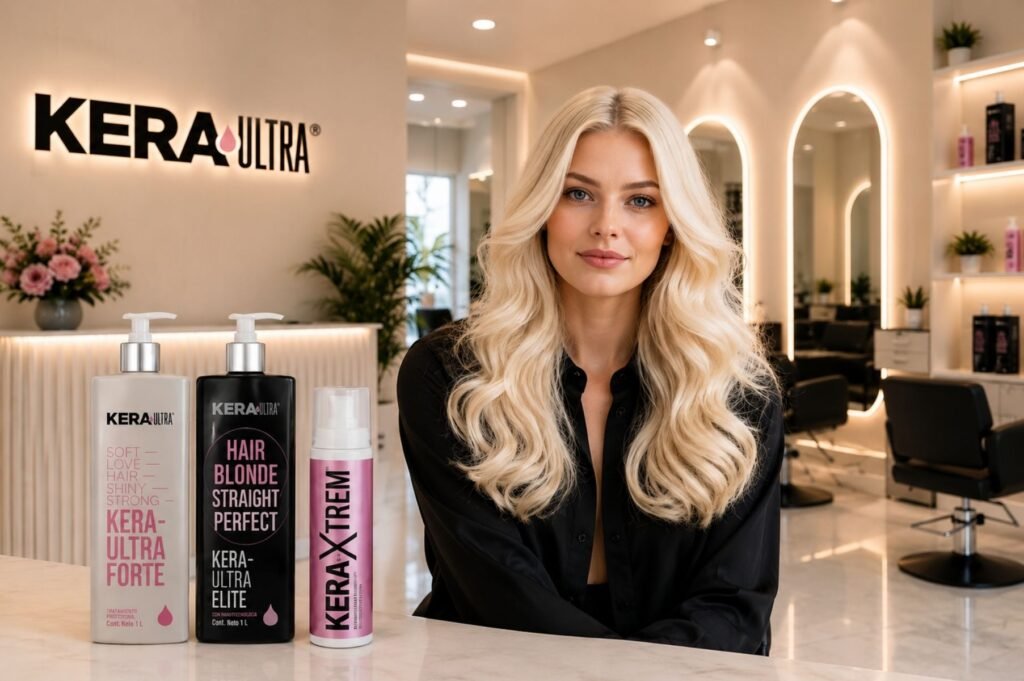 Hero principal KeraUltra con modelo rubia oficial en sucursal premium mostrando tratamientos capilares profesionales Forte, Elite y XTREM.