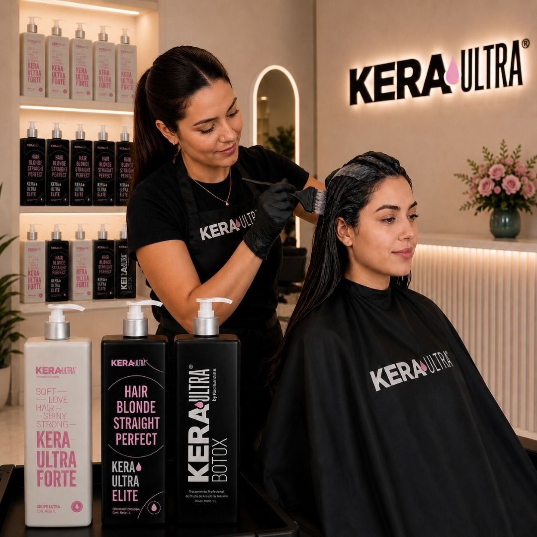 Estilista profesional aplicando tratamiento capilar KeraUltra a clienta dentro de sucursal KeraUltra con línea Forte, Elite y Botox.