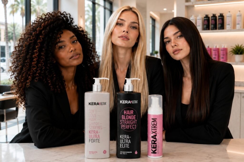 Tres modelos con diferentes tipos de cabello junto a productos KeraUltra Forte, Elite y Kera Xtrem en sucursal KeraUltra iluminada naturalmente.